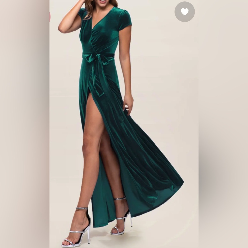 Azazie Emerald Green Velvet High-Low Wrap Dress